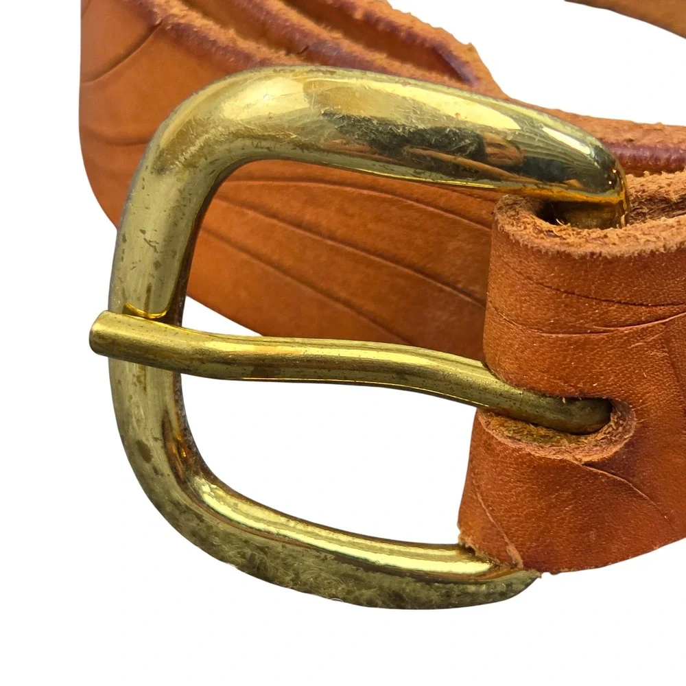 Vintage Leather Belt Mens 34 Tan Western Wood Grain Embossed Brass Buckle 90s